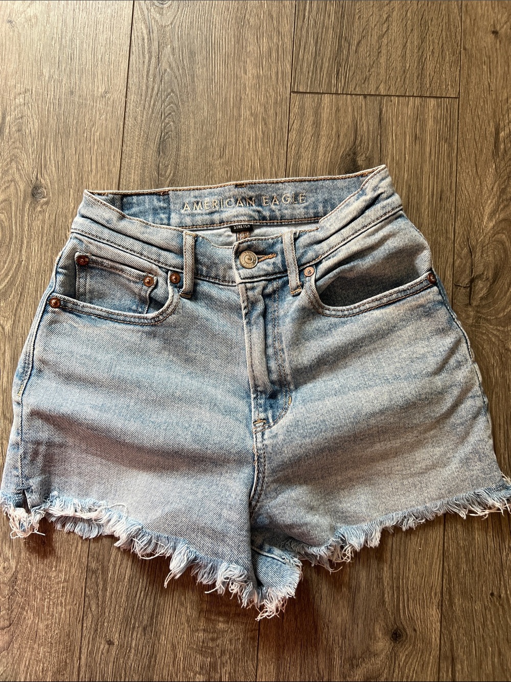 American Eagle Outfitters Light Wash High-Rise Frayed Denim Shorts